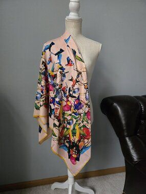 Multi-Color Bird Design Silk Scarf With Pink Background
